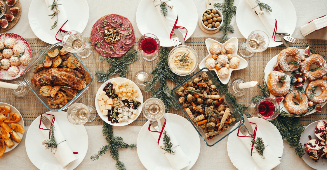 Table with a spread of a holiday dinner